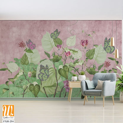 Green curly branches with pink and green butterflies.Beautiful painted flowering branches on the abstract pink background. Design for wall mural, card, postcard, wallpaper, photo wallpaper, etc. [WP-FXH-254]