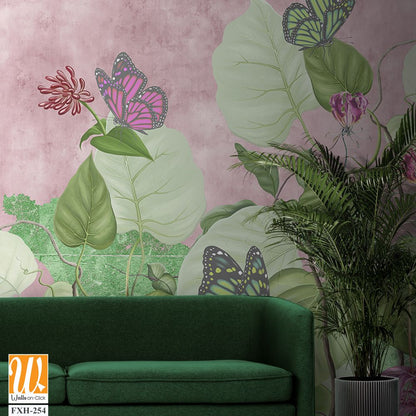 Green curly branches with pink and green butterflies.Beautiful painted flowering branches on the abstract pink background. Design for wall mural, card, postcard, wallpaper, photo wallpaper, etc. [WP-FXH-254]