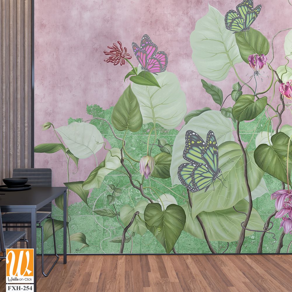 Green curly branches with pink and green butterflies.Beautiful painted flowering branches on the abstract pink background. Design for wall mural, card, postcard, wallpaper, photo wallpaper, etc. [WP-FXH-254]