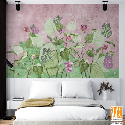 Green curly branches with pink and green butterflies.Beautiful painted flowering branches on the abstract pink background. Design for wall mural, card, postcard, wallpaper, photo wallpaper, etc. [WP-FXH-254]