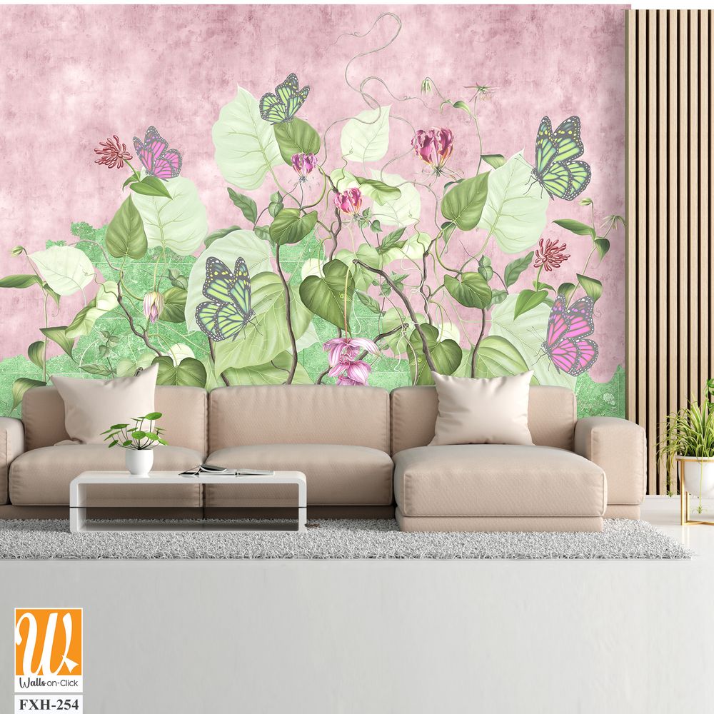 Green curly branches with pink and green butterflies.Beautiful painted flowering branches on the abstract pink background. Design for wall mural, card, postcard, wallpaper, photo wallpaper, etc. [WP-FXH-254]