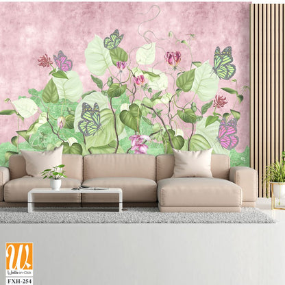 Green curly branches with pink and green butterflies.Beautiful painted flowering branches on the abstract pink background. Design for wall mural, card, postcard, wallpaper, photo wallpaper, etc. [WP-FXH-254]