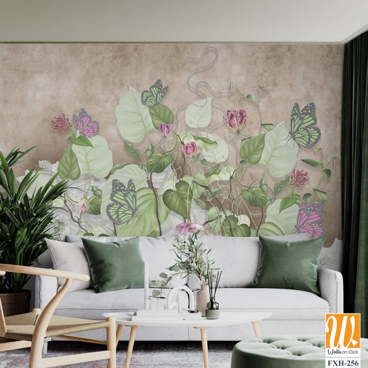 Green curly branches with pink and green butterflies. Beautiful painted flowering branches on the beige old grunge wall.Design for wall mural, card, postcard, wallpaper, photo wallpaper, etc. [WP-FXH-256]