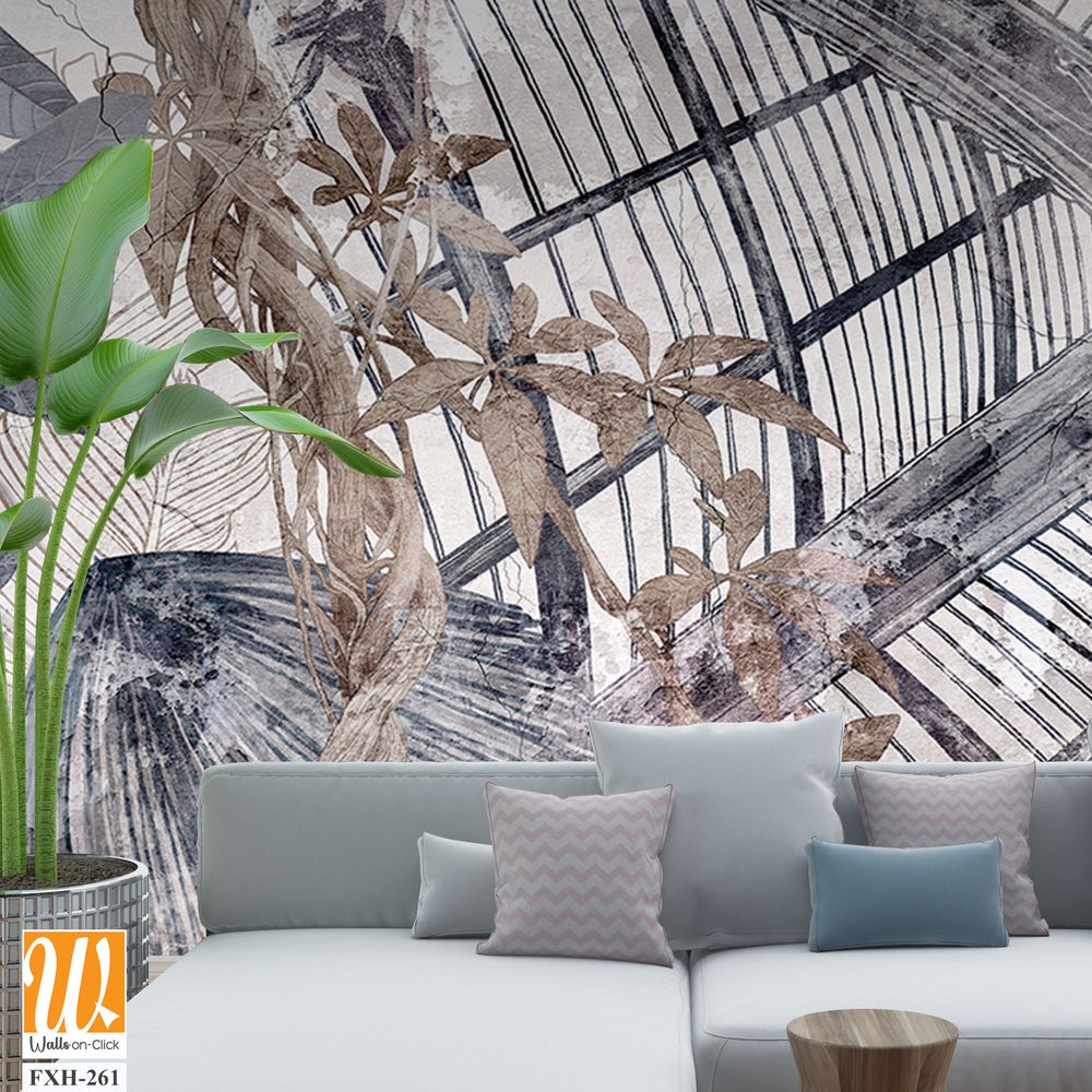 Graphic illustration of a greenhouse and exotic plants. Floral wallpaper with beautiful brown leaves. Abstract botanical background. Illustration for photo wallpaper, wallpaper, mural, card. [WP-FXH-261]