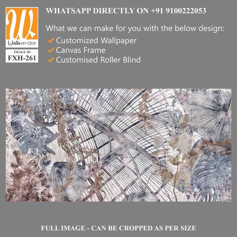 Graphic illustration of a greenhouse and exotic plants. Floral wallpaper with beautiful brown leaves. Abstract botanical background. Illustration for photo wallpaper, wallpaper, mural, card. [WP-FXH-261]