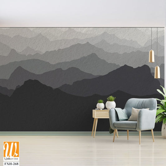 Gray mountain view wallpaper, watercolor textured, mural art, monochrome, black and white [WP-FXH-268]