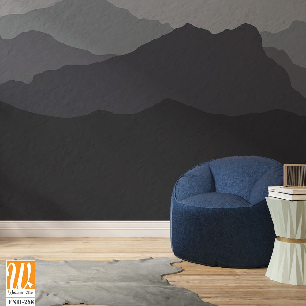 Gray mountain view wallpaper, watercolor textured, mural art, monochrome, black and white [WP-FXH-268]