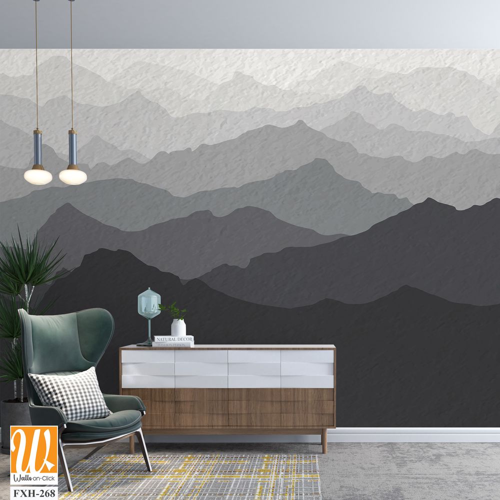 Gray mountain view wallpaper, watercolor textured, mural art, monochrome, black and white [WP-FXH-268]