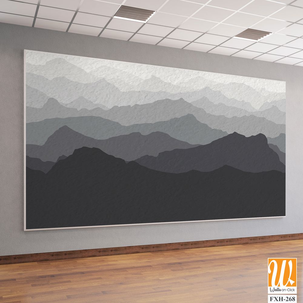 Gray mountain view wallpaper, watercolor textured, mural art, monochrome, black and white [WP-FXH-268]