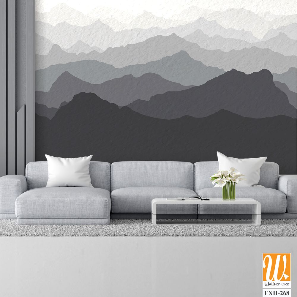 Gray mountain view wallpaper, watercolor textured, mural art, monochrome, black and white [WP-FXH-268]