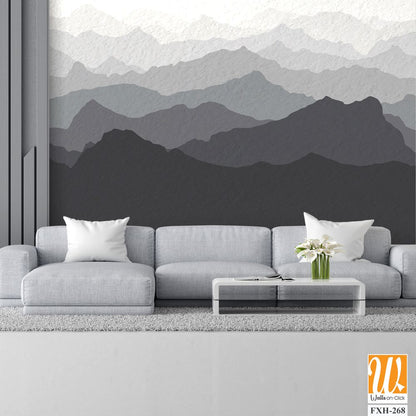 Gray mountain view wallpaper, watercolor textured, mural art, monochrome, black and white [WP-FXH-268]