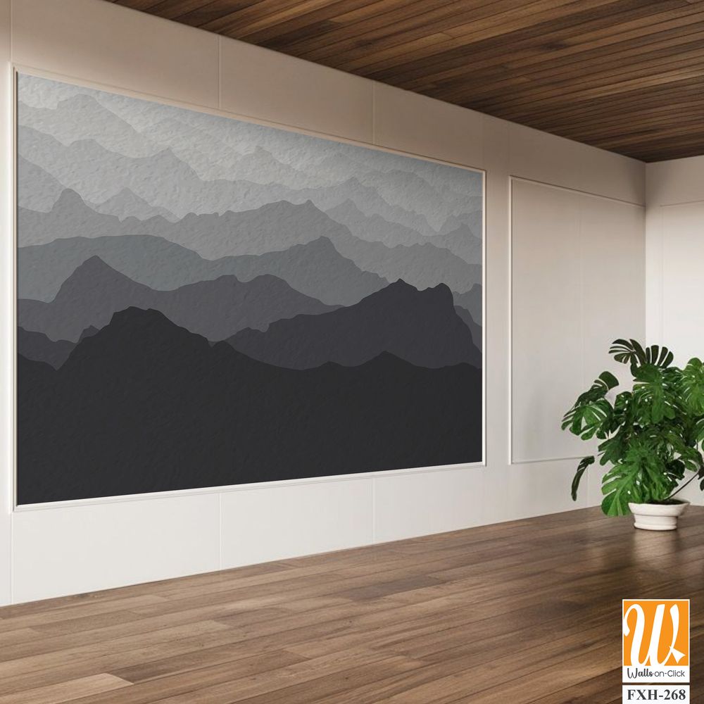 Gray mountain view wallpaper, watercolor textured, mural art, monochrome, black and white [WP-FXH-268]