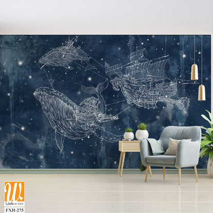 The starry sky and the milky way along which strong massive whales swim that pull the ship on themselves, texture background, photo wallpaper into a room or interior of a house [WP-FXH-275]