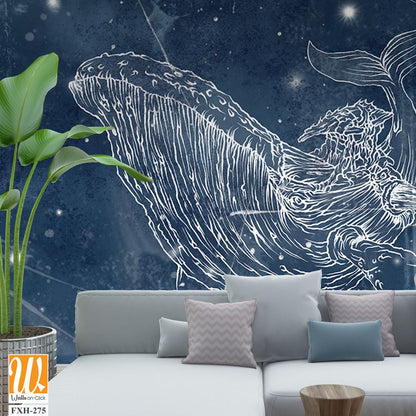 The starry sky and the milky way along which strong massive whales swim that pull the ship on themselves, texture background, photo wallpaper into a room or interior of a house [WP-FXH-275]