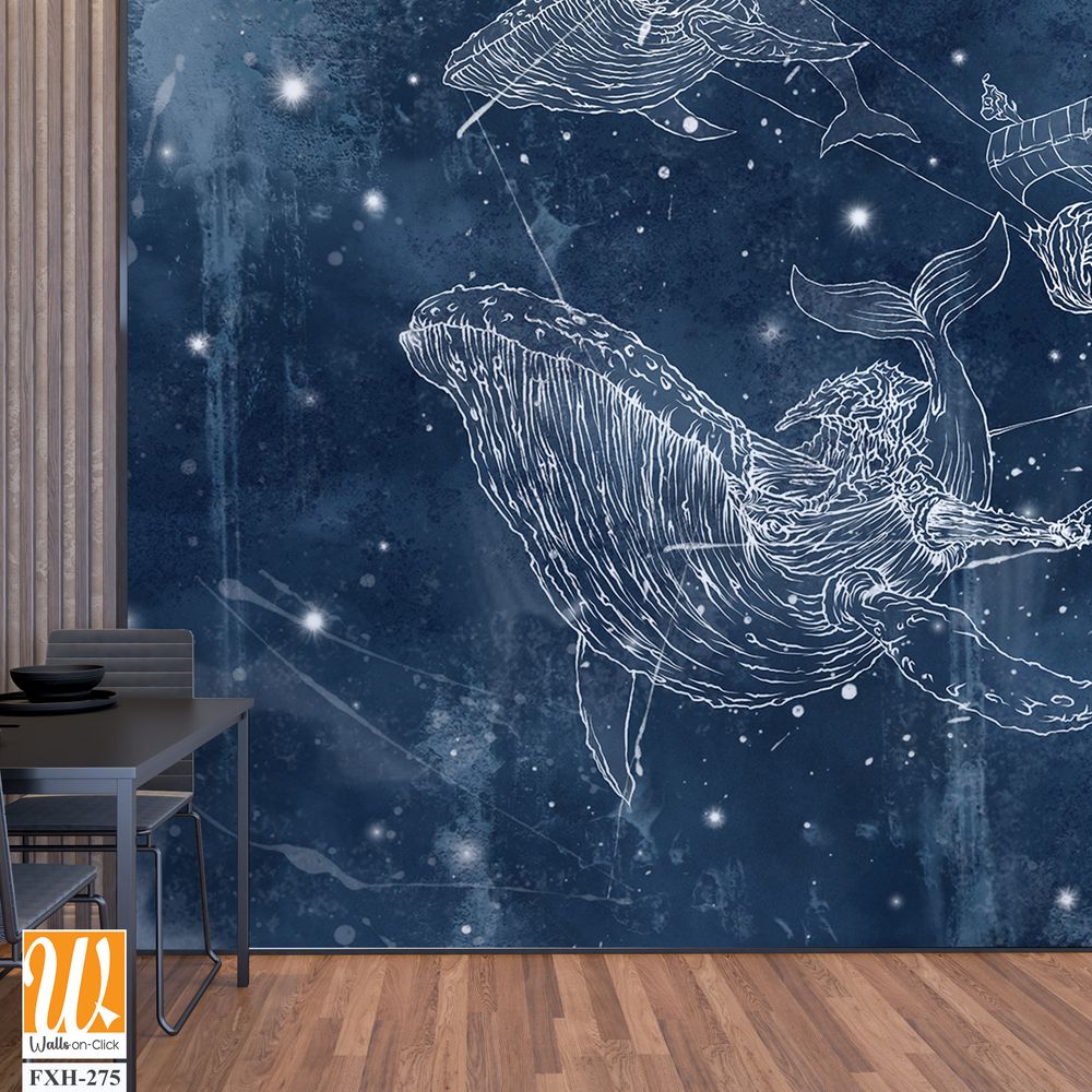 The starry sky and the milky way along which strong massive whales swim that pull the ship on themselves, texture background, photo wallpaper into a room or interior of a house [WP-FXH-275]