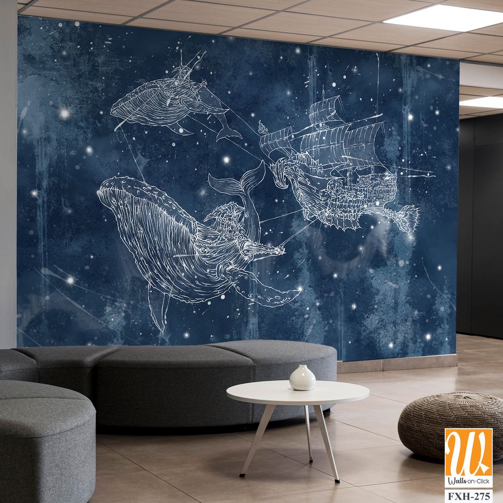 The starry sky and the milky way along which strong massive whales swim that pull the ship on themselves, texture background, photo wallpaper into a room or interior of a house [WP-FXH-275]