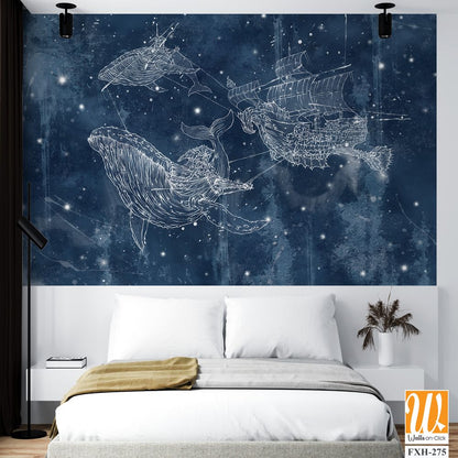 The starry sky and the milky way along which strong massive whales swim that pull the ship on themselves, texture background, photo wallpaper into a room or interior of a house [WP-FXH-275]