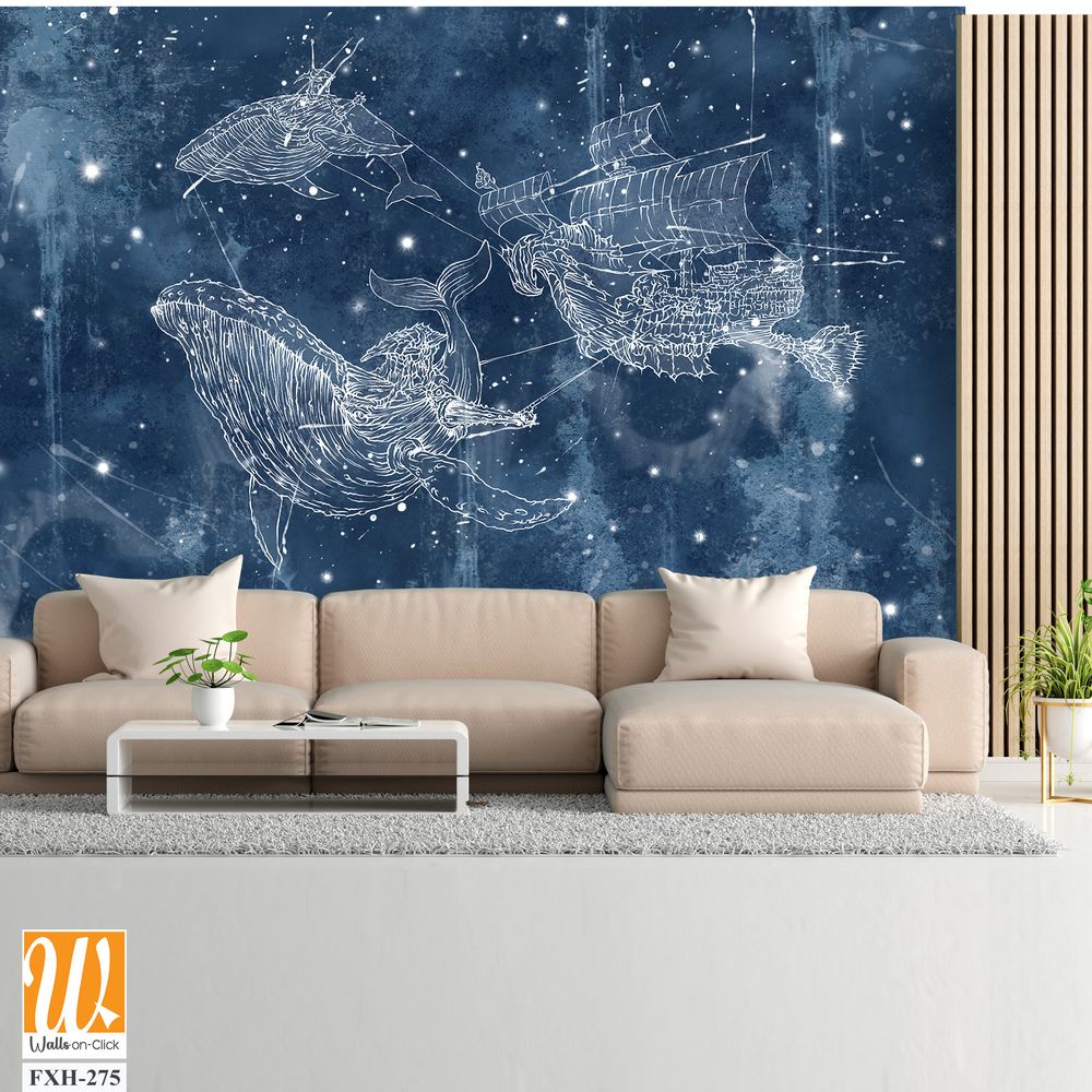 The starry sky and the milky way along which strong massive whales swim that pull the ship on themselves, texture background, photo wallpaper into a room or interior of a house [WP-FXH-275]