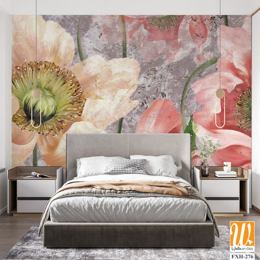 Large buds of poppies on a textured background, wall murals in a room or home interior, label, poster, banner, postcard [WP-FXH-276]