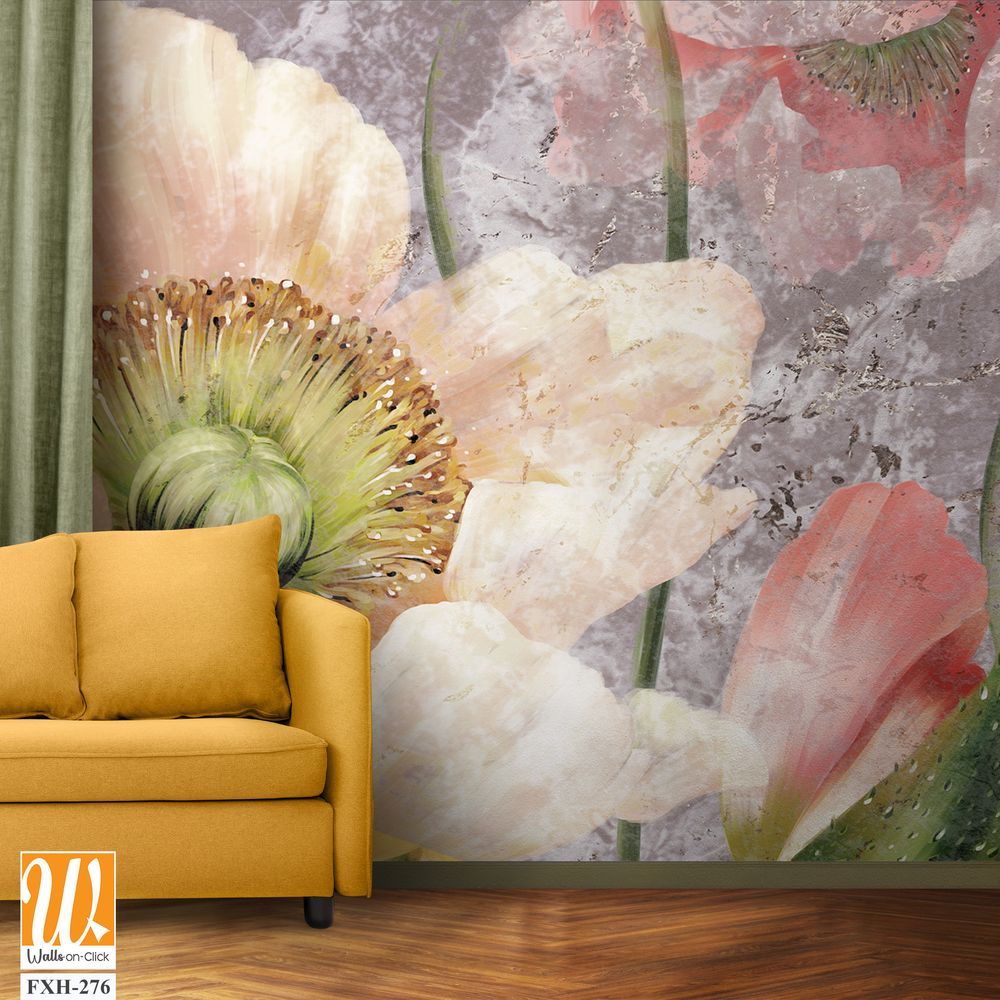 Large buds of poppies on a textured background, wall murals in a room or home interior, label, poster, banner, postcard [WP-FXH-276]