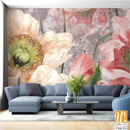 Large buds of poppies on a textured background, wall murals in a room or home interior, label, poster, banner, postcard [WP-FXH-276]