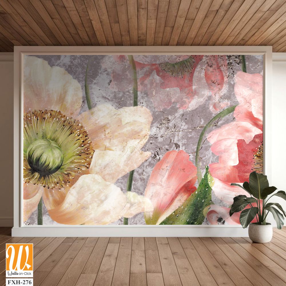 Large buds of poppies on a textured background, wall murals in a room or home interior, label, poster, banner, postcard [WP-FXH-276]