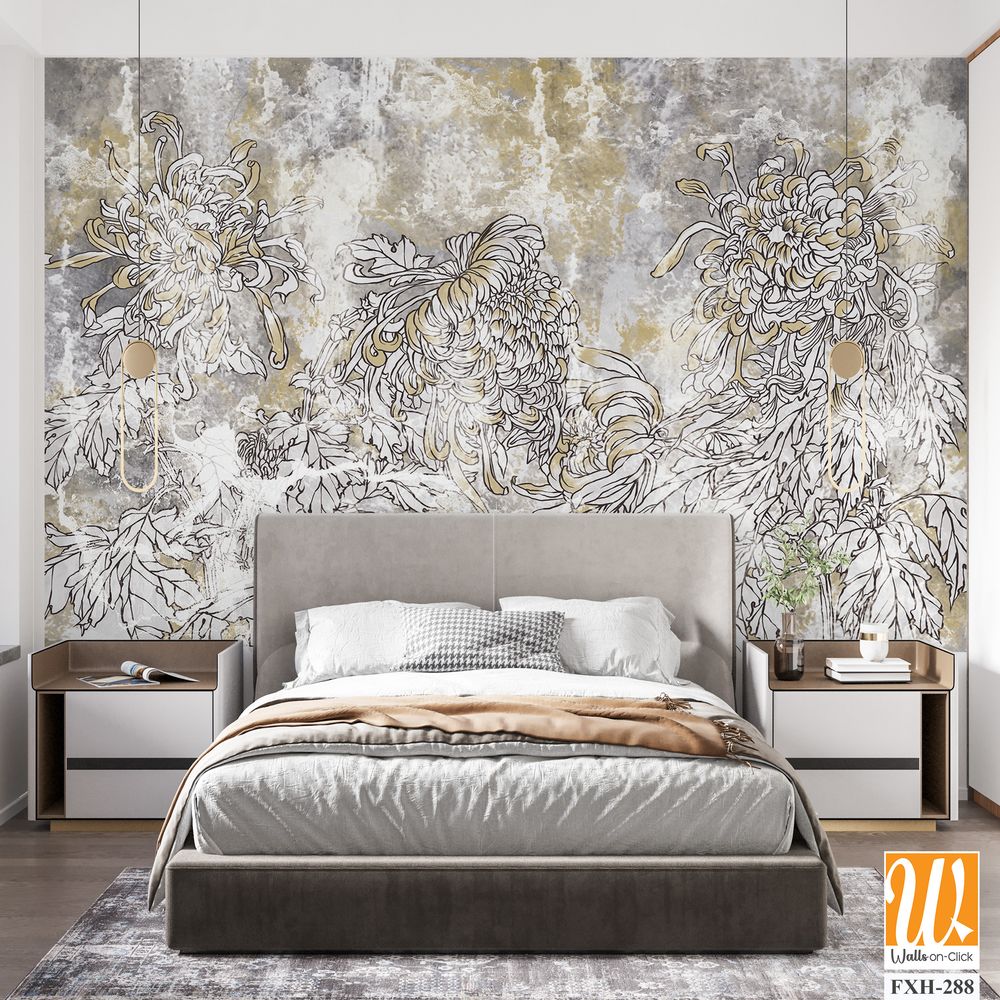 Drawn contour flowers peonies on a textured background with golden elements and stains, wall mural [WP-FXH-288]