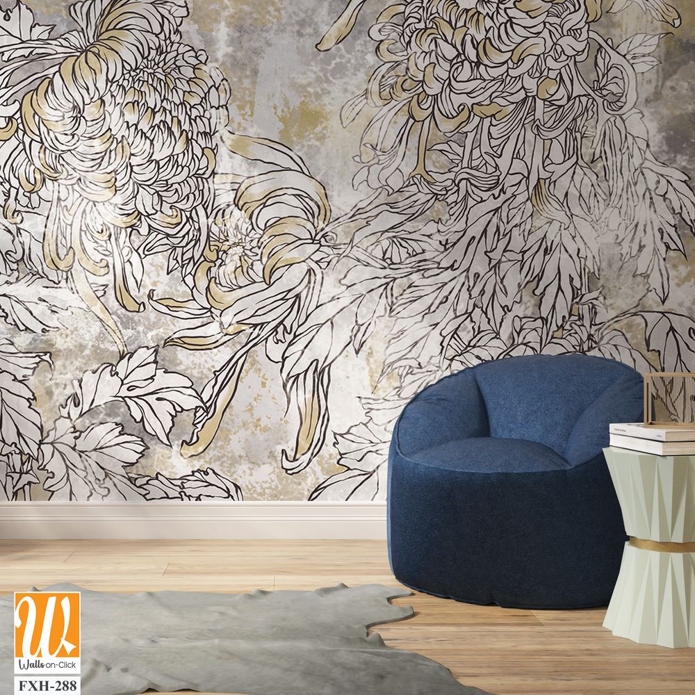 Drawn contour flowers peonies on a textured background with golden elements and stains, wall mural [WP-FXH-288]