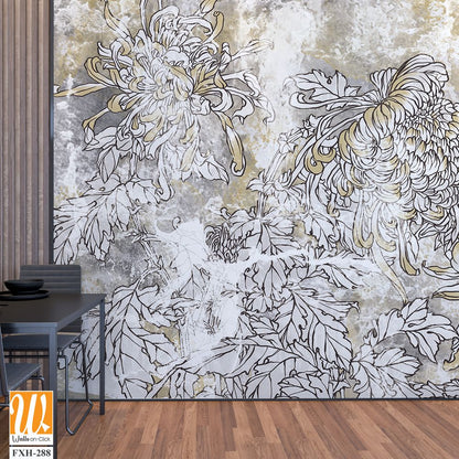 Drawn contour flowers peonies on a textured background with golden elements and stains, wall mural [WP-FXH-288]