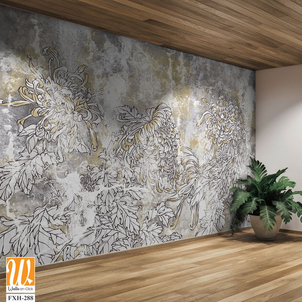 Drawn contour flowers peonies on a textured background with golden elements and stains, wall mural [WP-FXH-288]