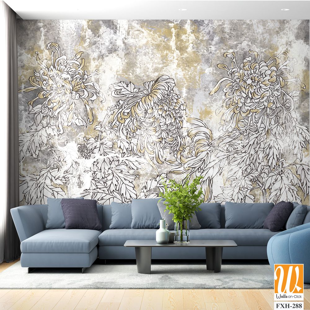 Drawn contour flowers peonies on a textured background with golden elements and stains, wall mural [WP-FXH-288]