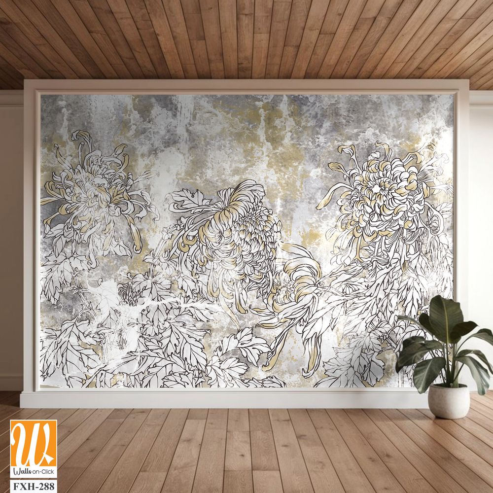 Drawn contour flowers peonies on a textured background with golden elements and stains, wall mural [WP-FXH-288]