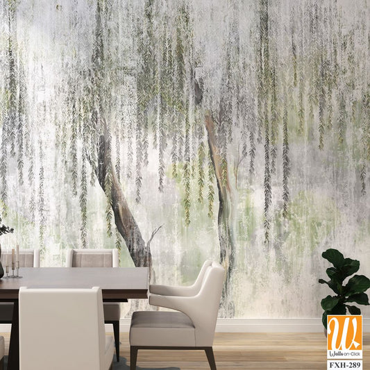 A textured background with white scuffs on which painted trees are visible, tree trunks from which leaves hang, photo wallpaper [WP-FXH-289]