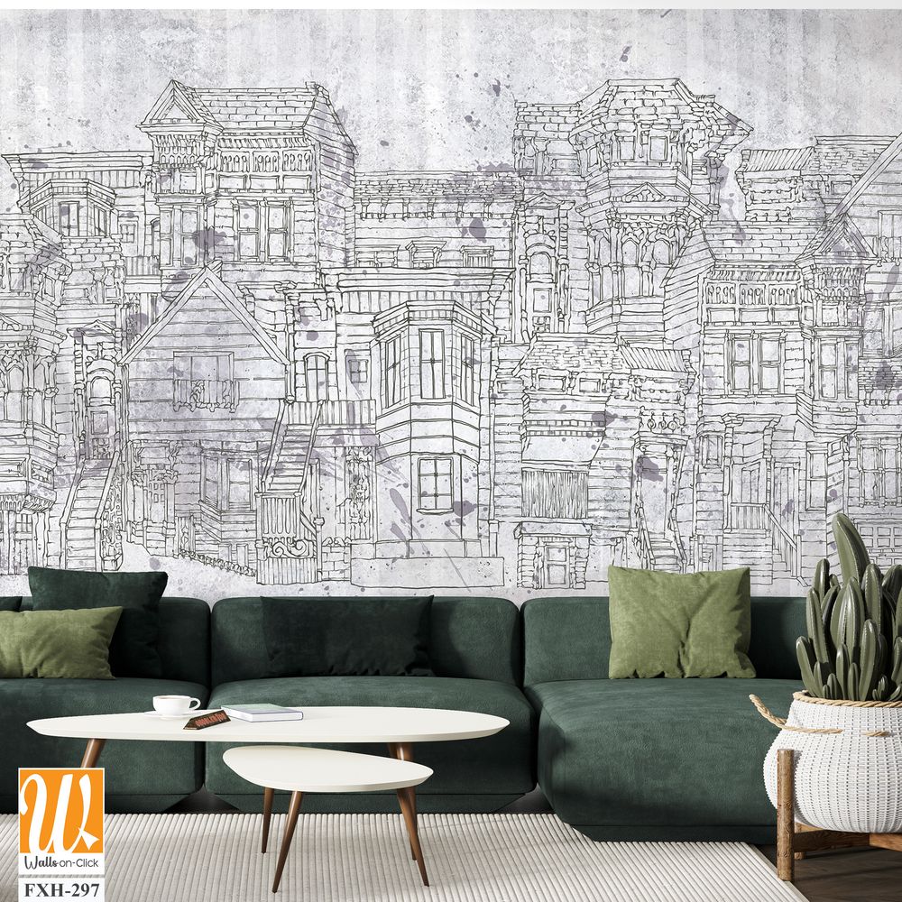 Art drawn contour houses on watercolor paper with texture elements with watercolor blots [WP-FXH-297]