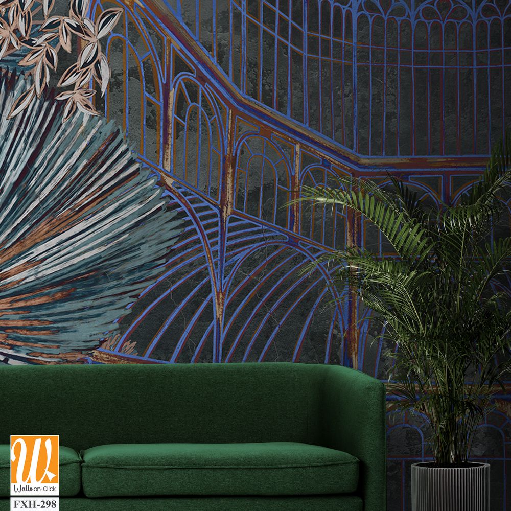 Dark graphic illustration of a greenhouse. Floral wallpaper with exotic jungle leaves and plants. Abstract botanical design for photo wallpaper, wallpaper, mural, card. [WP-FXH-298]