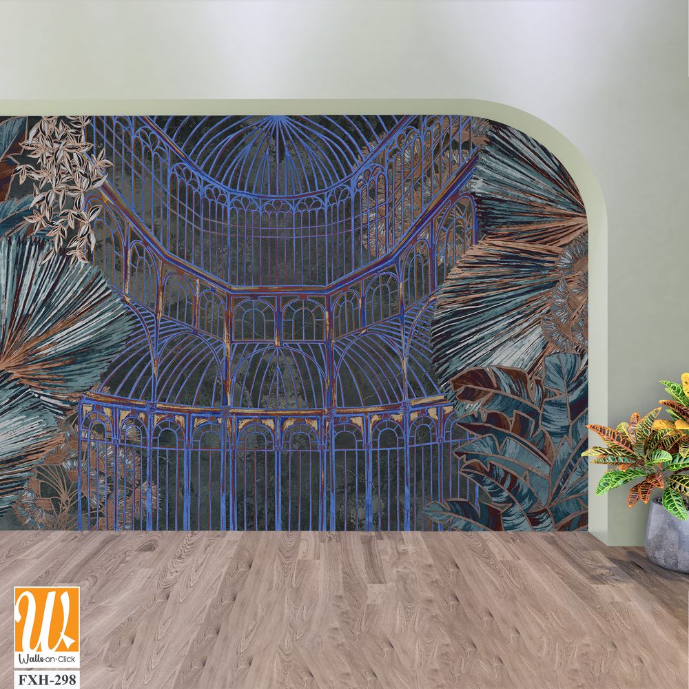 Dark graphic illustration of a greenhouse. Floral wallpaper with exotic jungle leaves and plants. Abstract botanical design for photo wallpaper, wallpaper, mural, card. [WP-FXH-298]