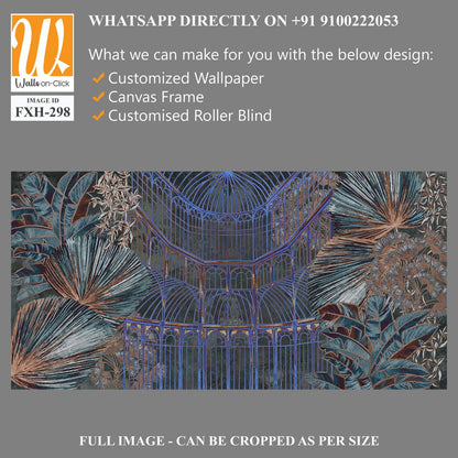 Dark graphic illustration of a greenhouse. Floral wallpaper with exotic jungle leaves and plants. Abstract botanical design for photo wallpaper, wallpaper, mural, card. [WP-FXH-298]