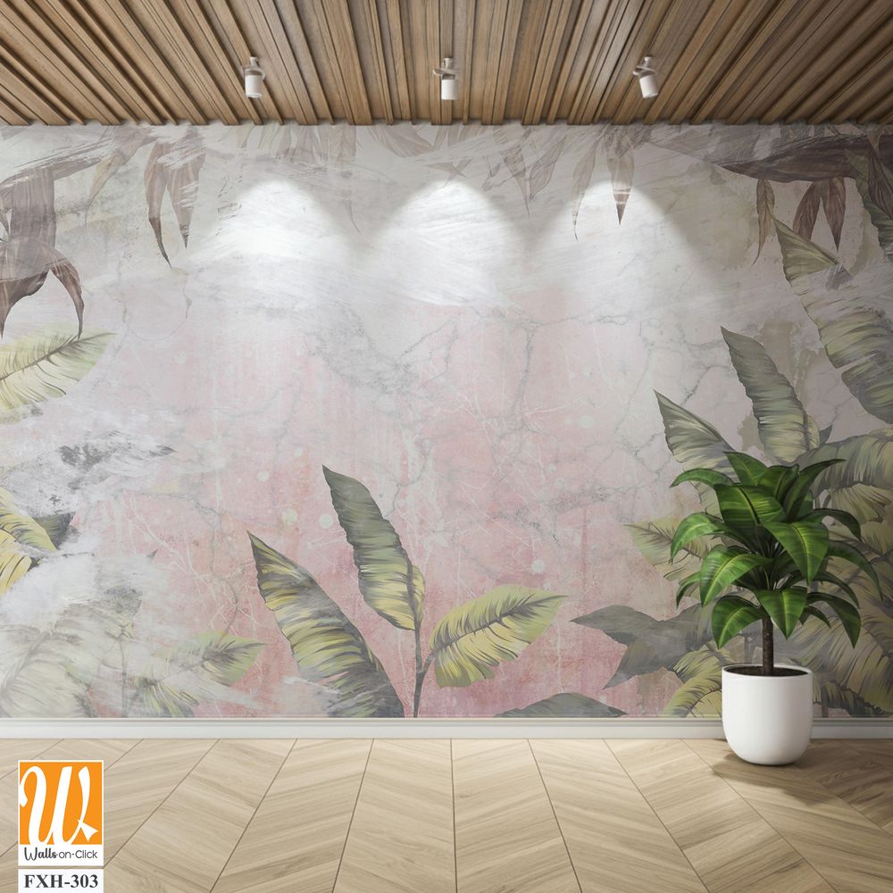 Moment of the rainforest, fern leaves, branches, art drawing in a pastel style on a textured background, photo wallpaper in the interior [WP-FXH-303]