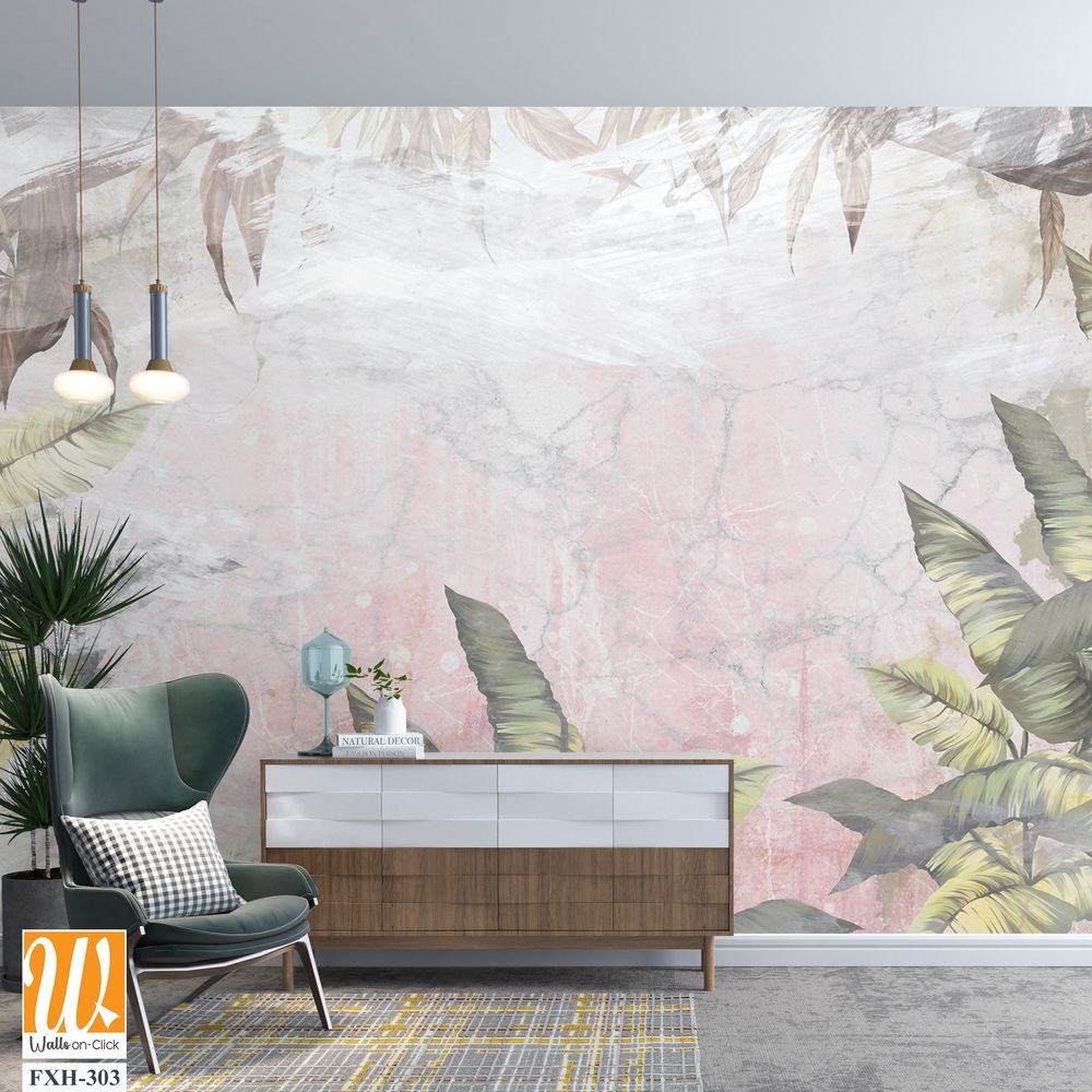 Moment of the rainforest, fern leaves, branches, art drawing in a pastel style on a textured background, photo wallpaper in the interior [WP-FXH-303]