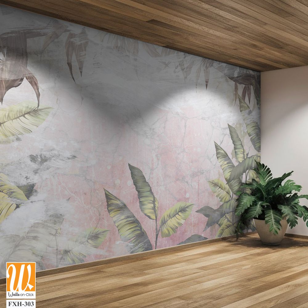 Moment of the rainforest, fern leaves, branches, art drawing in a pastel style on a textured background, photo wallpaper in the interior [WP-FXH-303]