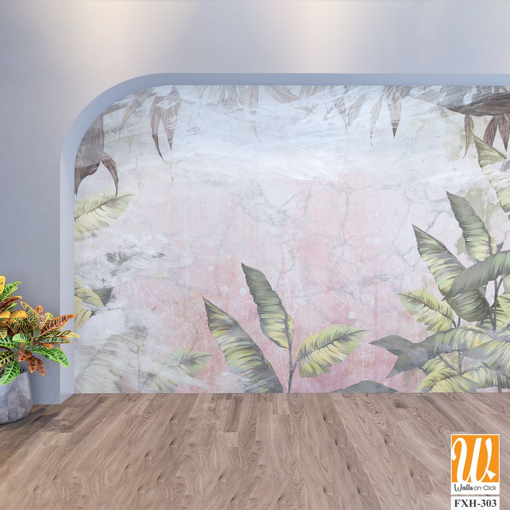 Moment of the rainforest, fern leaves, branches, art drawing in a pastel style on a textured background, photo wallpaper in the interior [WP-FXH-303]