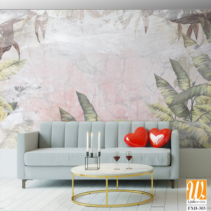 Moment of the rainforest, fern leaves, branches, art drawing in a pastel style on a textured background, photo wallpaper in the interior [WP-FXH-303]