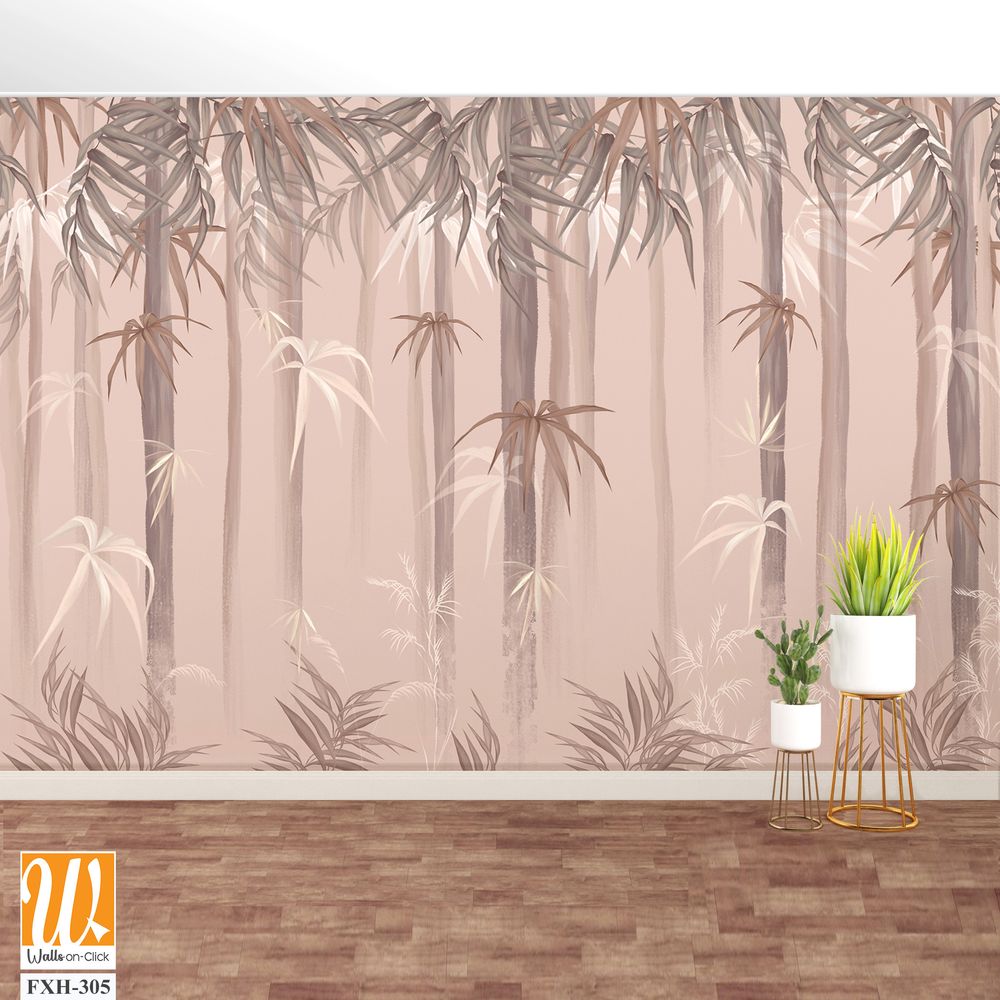 Pastel background on which painted trees with leaves, tropical art murals in the interior [WP-FXH-305]