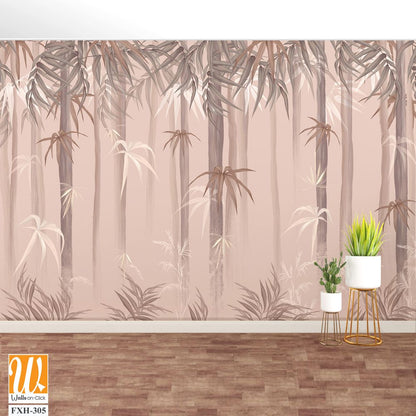 Pastel background on which painted trees with leaves, tropical art murals in the interior [WP-FXH-305]