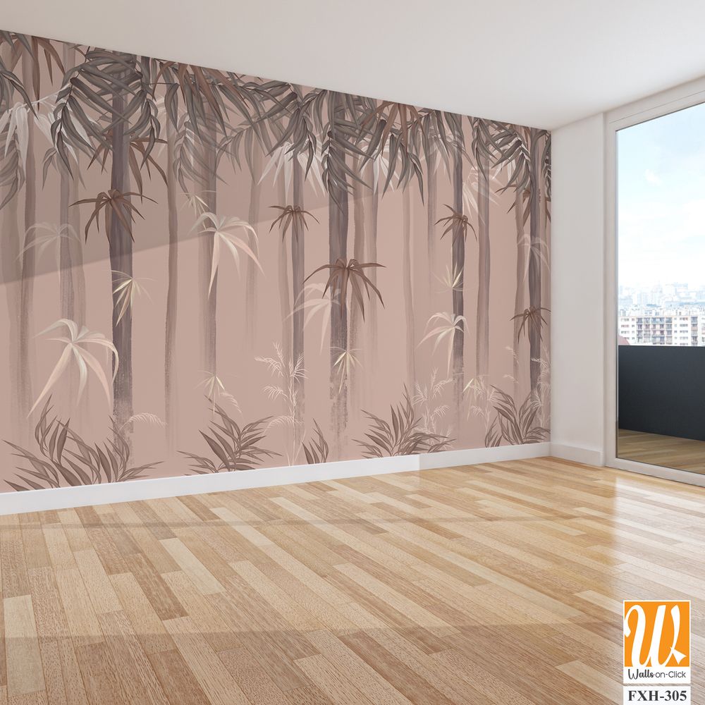 Pastel background on which painted trees with leaves, tropical art murals in the interior [WP-FXH-305]