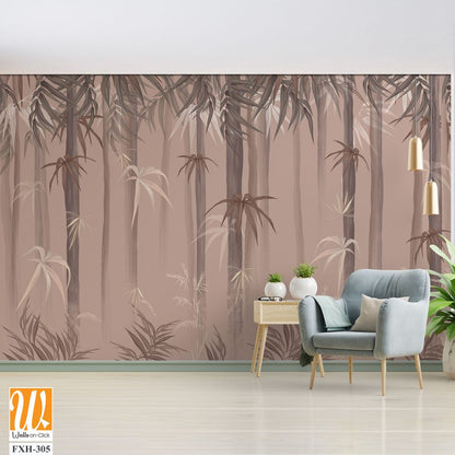 Pastel background on which painted trees with leaves, tropical art murals in the interior [WP-FXH-305]