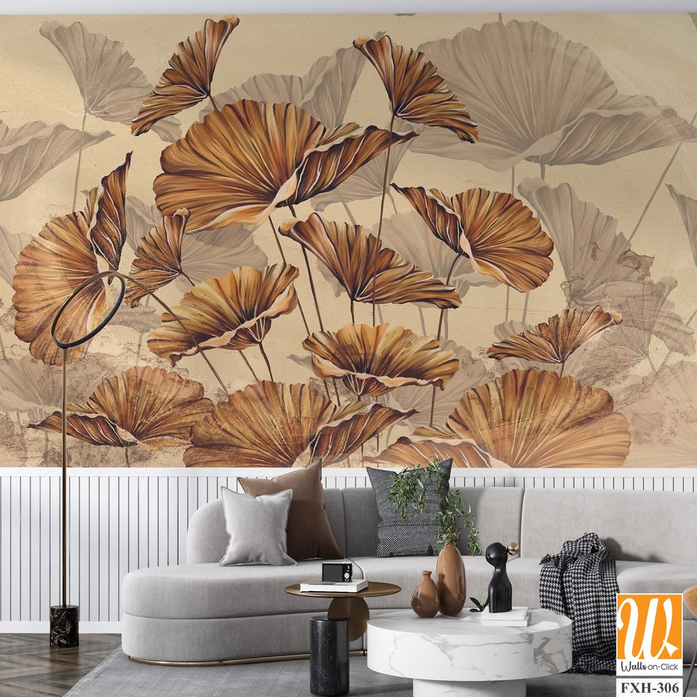 Golden leaves on a beige textured wall, art drawing, interior photo wallpaper [WP-FXH-306]