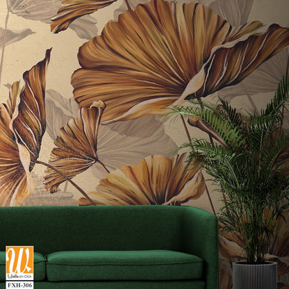 Golden leaves on a beige textured wall, art drawing, interior photo wallpaper [WP-FXH-306]