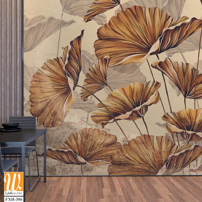 Golden leaves on a beige textured wall, art drawing, interior photo wallpaper [WP-FXH-306]