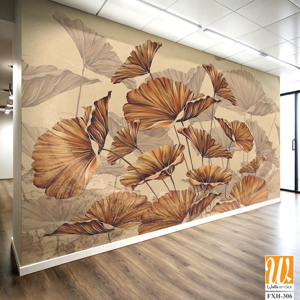 Golden leaves on a beige textured wall, art drawing, interior photo wallpaper [WP-FXH-306]